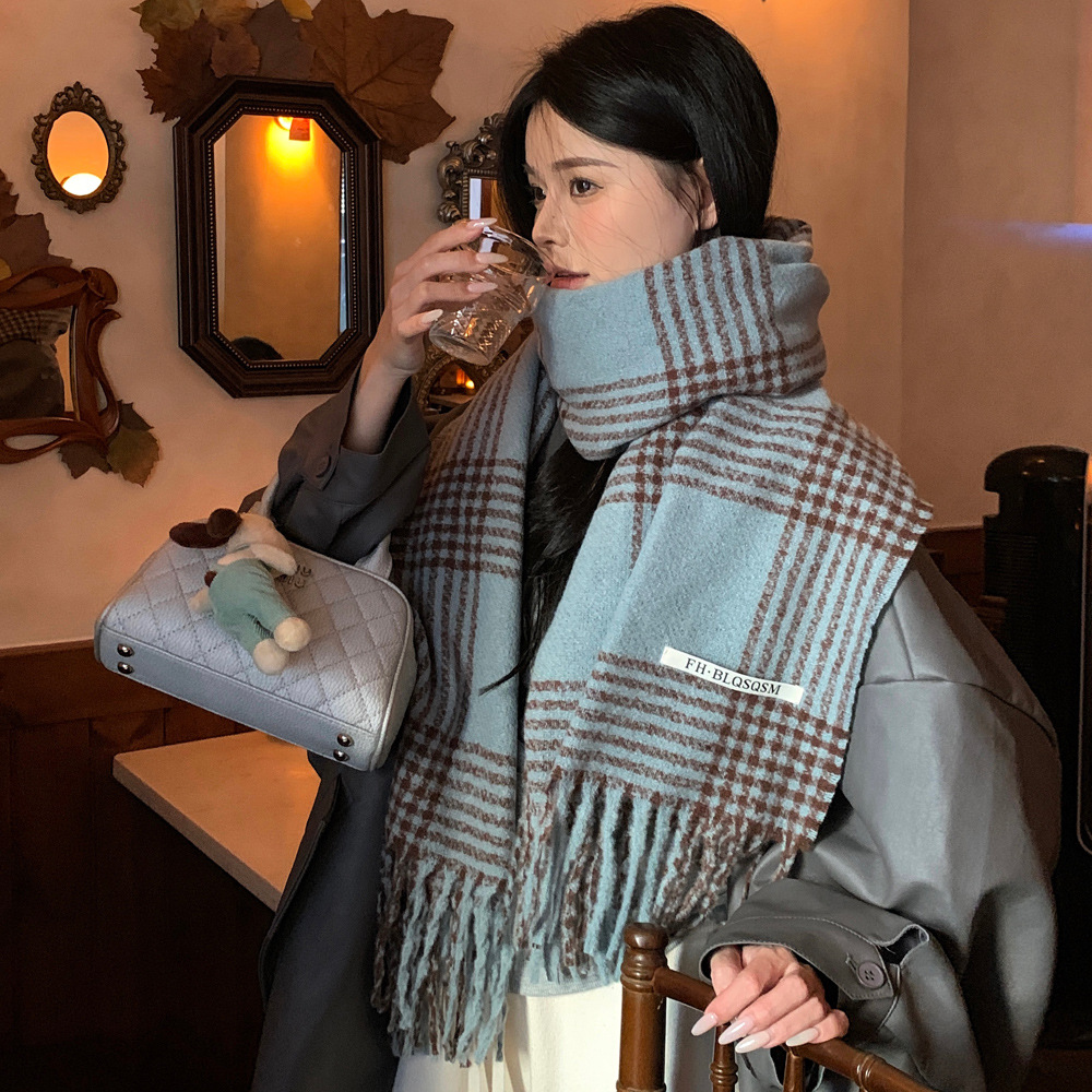 White Sea Salt Blue Plaid Tassel Scarf Women's 2024 Autumn and Winter All-match Warm Couple's Shawl Scarf Men's Genuine