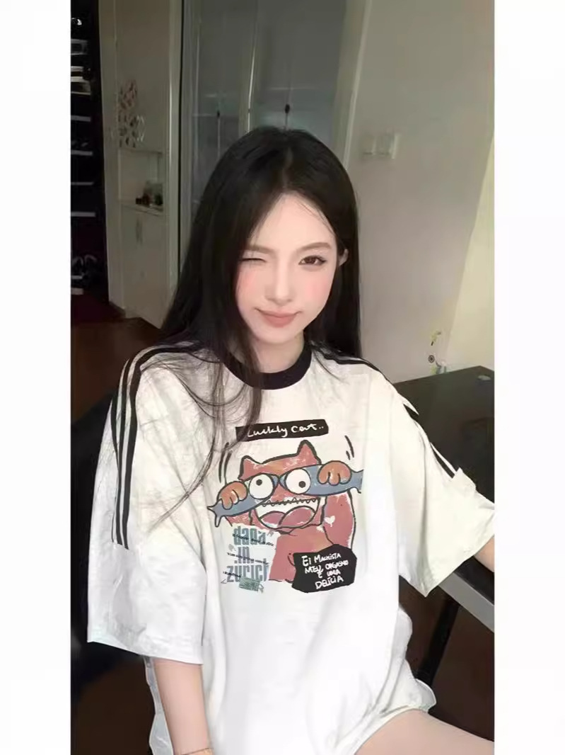 Hong Kong Style Vintage Top Letter Large Edition Printed Short-sleeved Heavy T-shirt Short-sleeved T-shirt Women's Summer Loose Lazy Style Top