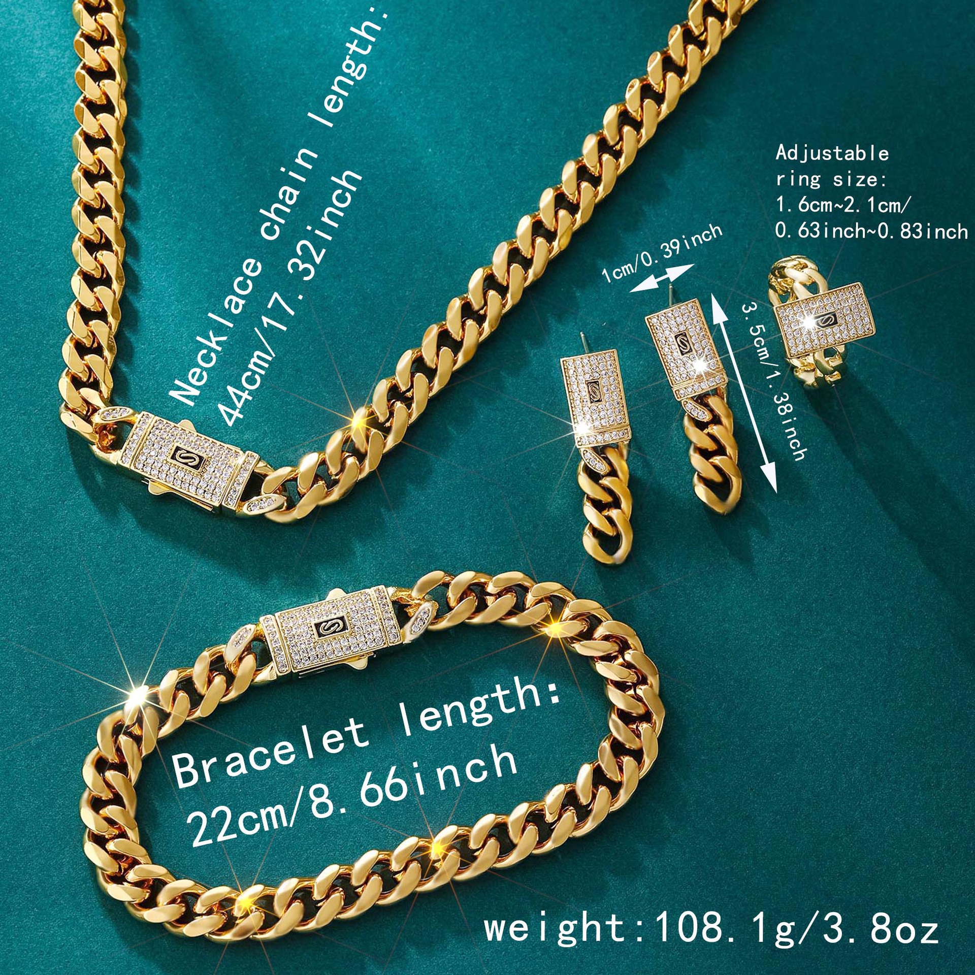 European and American Style Fashionable and Versatile Full-Diamond Cuban Chain Set Combination Necklace Bracelet Ring Earrings Four-Piece Jewelry Set