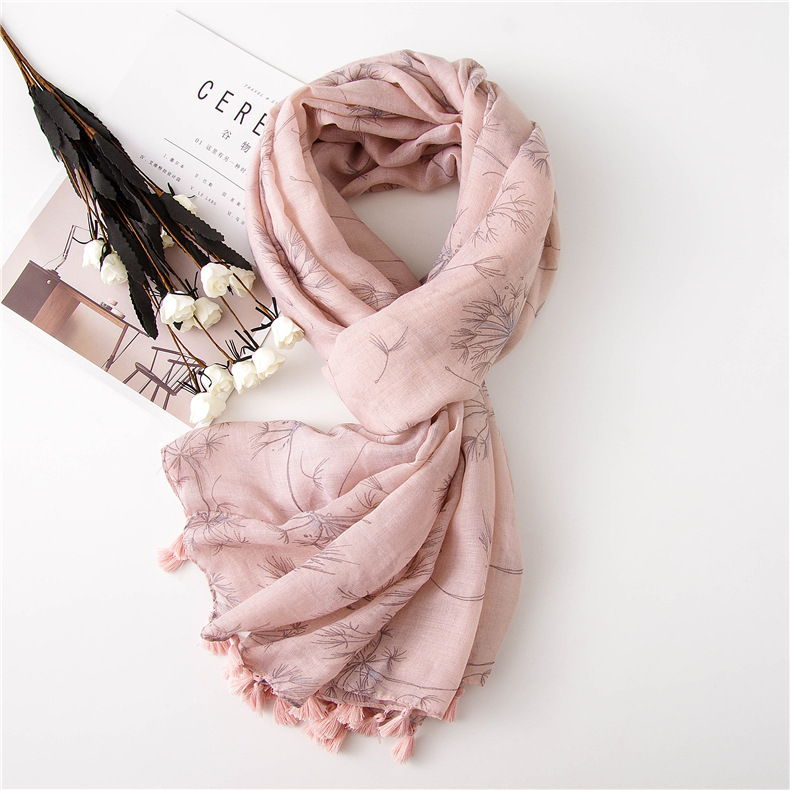 Han Feng Spring Scarf Women's Scarf Color White Fresh Flower Printed Cotton and Linen Scarf Women's Long Thin Shawl