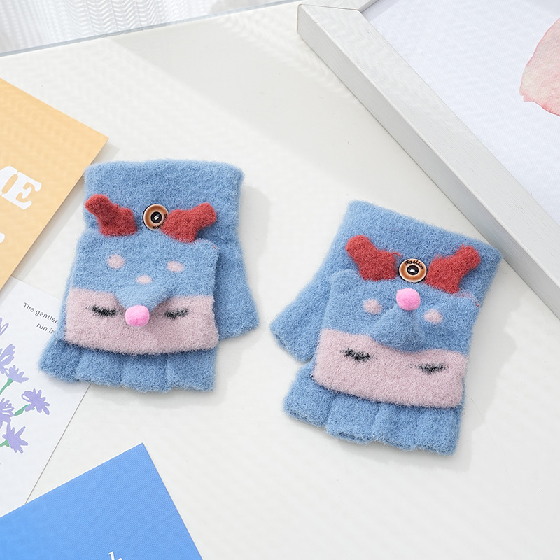 Picture of Children's flip gloves autumn and winter boys half finger warm cute Primary School students writing knitted dual-purpose gloves wholesale