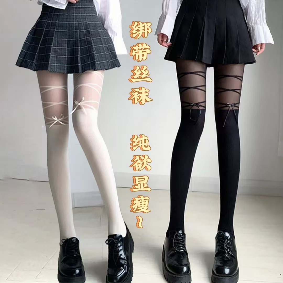 Spliced Lace-Up Bow Ballet Style Pure Desire White Silk Women's Summer Thin Sexy Transparent Thin Pantyhose Japanese Style