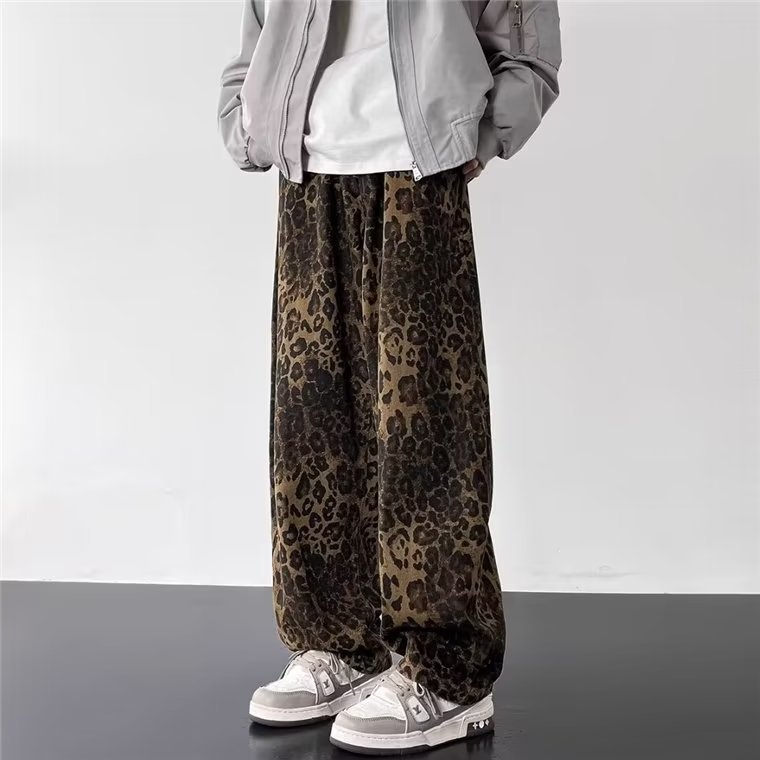 American Retro Niche Leopard Print Jeans for Men and Women, Loose and Versatile, Trendy Brand Hip-Hop Hip-Hop Straight Pants, Autumn and Winter Styles
