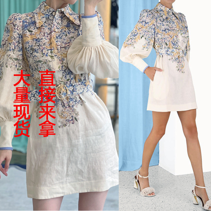 A large number of spot design spring and summer blue floral lapel long sleeve single-breasted waist with belt pocket dress