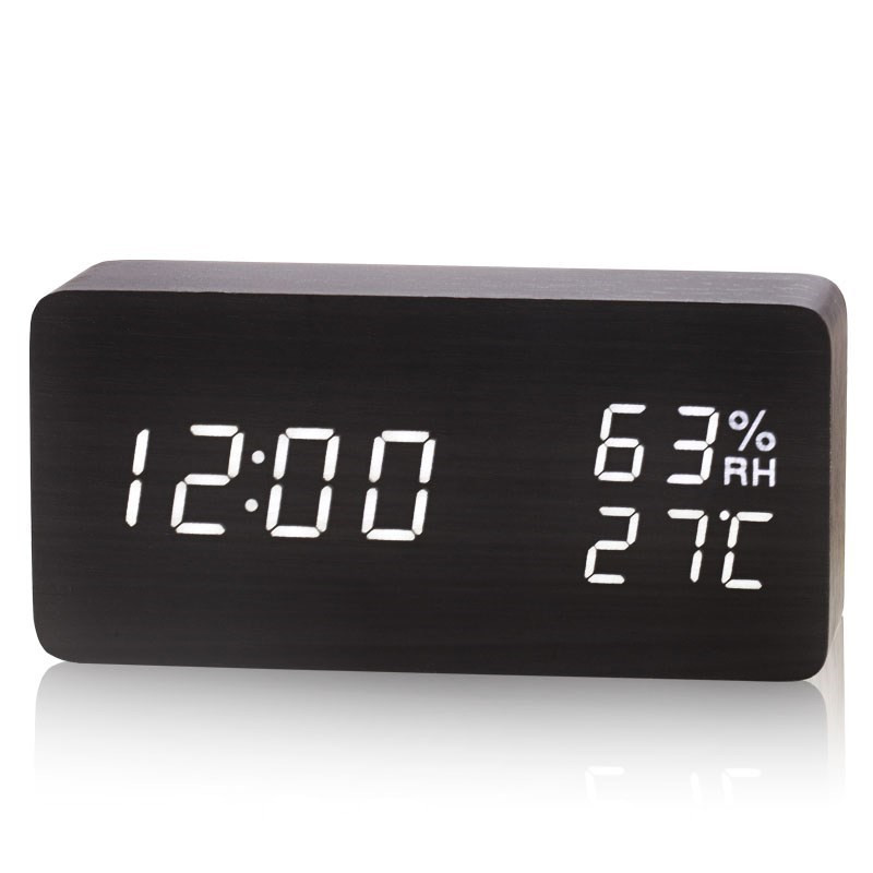 Picture of Creative led wooden clock rectangular indoor temperature hygrometer voice control electronic clock simple wooden alarm clock