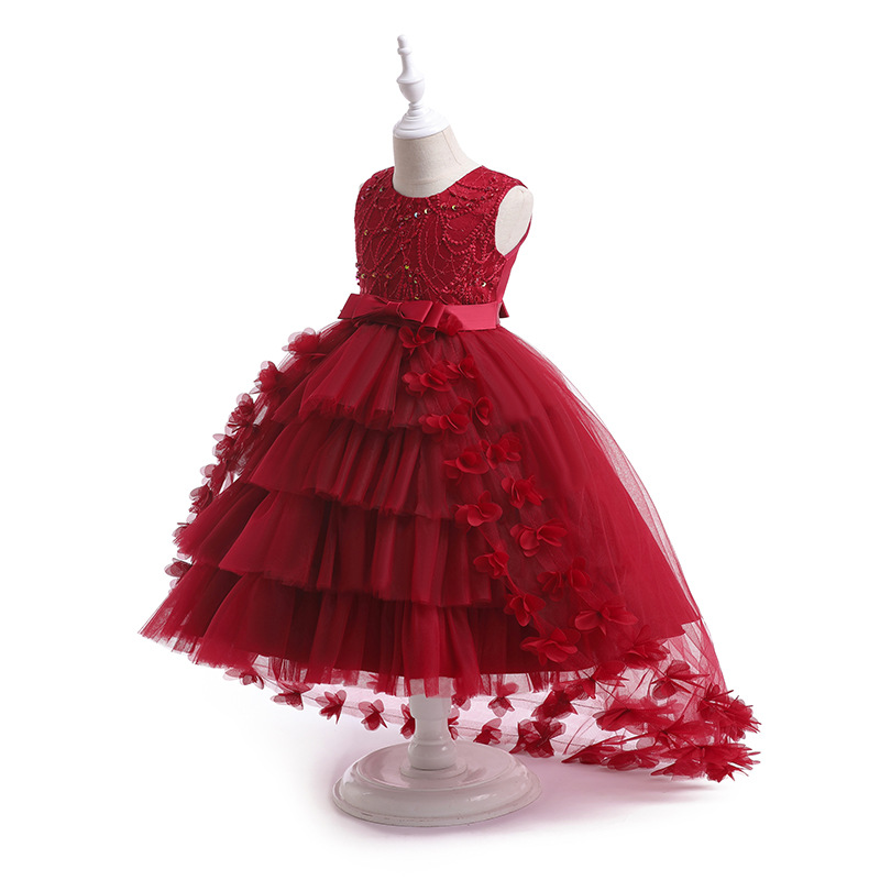 Picture of Ready Stock Kidsren's Evening Dress Girl's Fashionable Fluffy Gauze Princess Dress Flower Girl Wedding Little Girl Tail Dress European and American