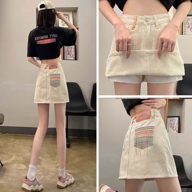 Summer 2025 Denim Short Skirt Women's Little A- line Skirt High Spice Girl Pocket Hand-stitched Distinctive Denim Skirt