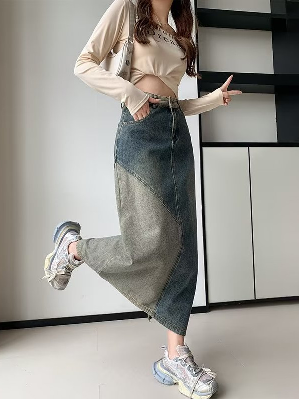 Women's Summer High-Waisted Denim Midi Skirt 2024 New A-Line Color-Blocked Vintage Elegant Style