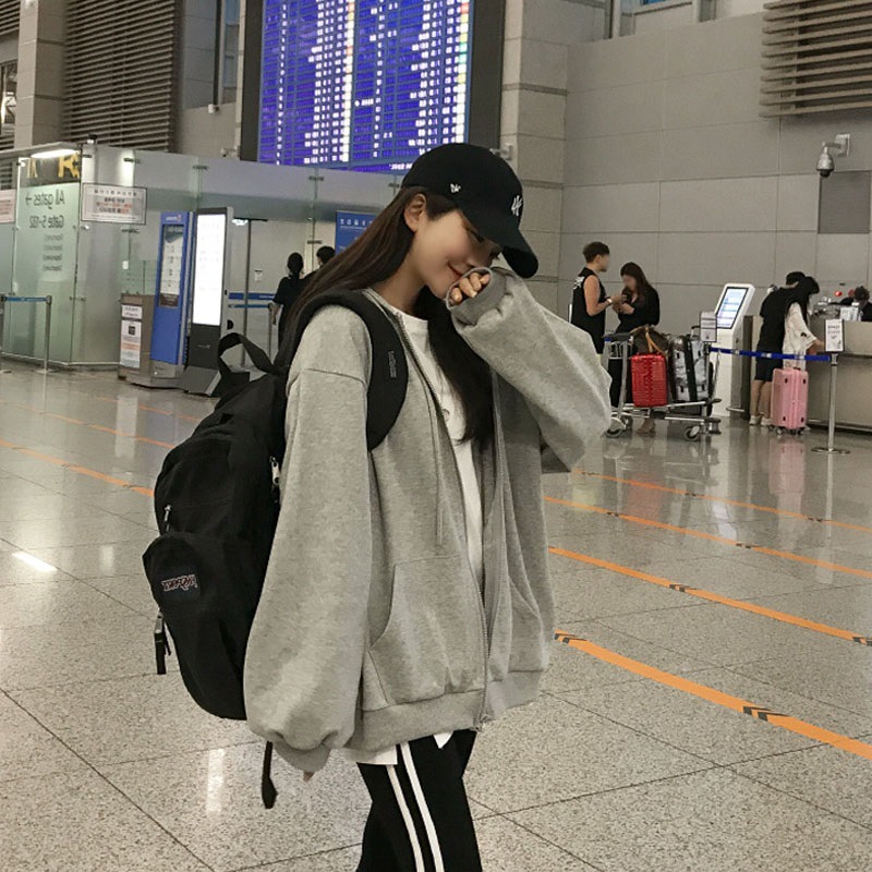 2025 Spring and Autumn Women's Korean Style Zipper Hooded Top Casual Thin Tops Solid Color New Sweatshirt Cross-Border Wholesale