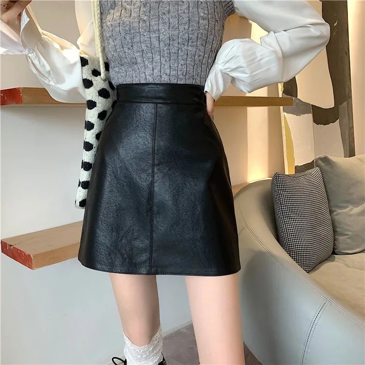 Small PU leather spring and autumn hip leather skirt anti-slip skirt aA high waist new black skirt slim
