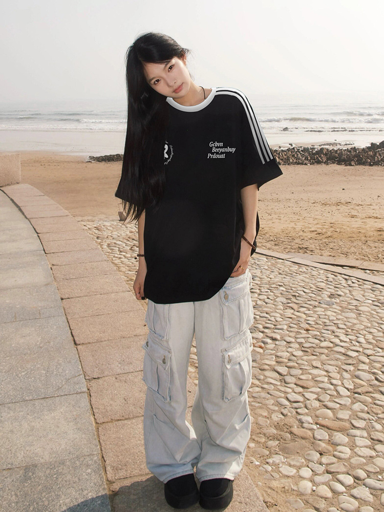 Pure Cotton Hong Kong Style Top Pattern Design Printed Shoulder T-Shirt Women's Heavy Short-sleeved T-shirt Fashion Brand Women's Short-sleeved T-shirt
