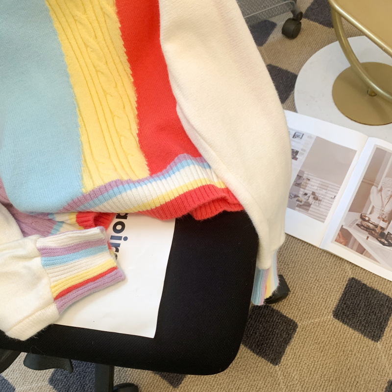 Picture of Niche Design Rainbow Stripesd Hooded Sweater for Women Thickeneded Autumn and Winter High Waist Loose Short Top Trendy Ins