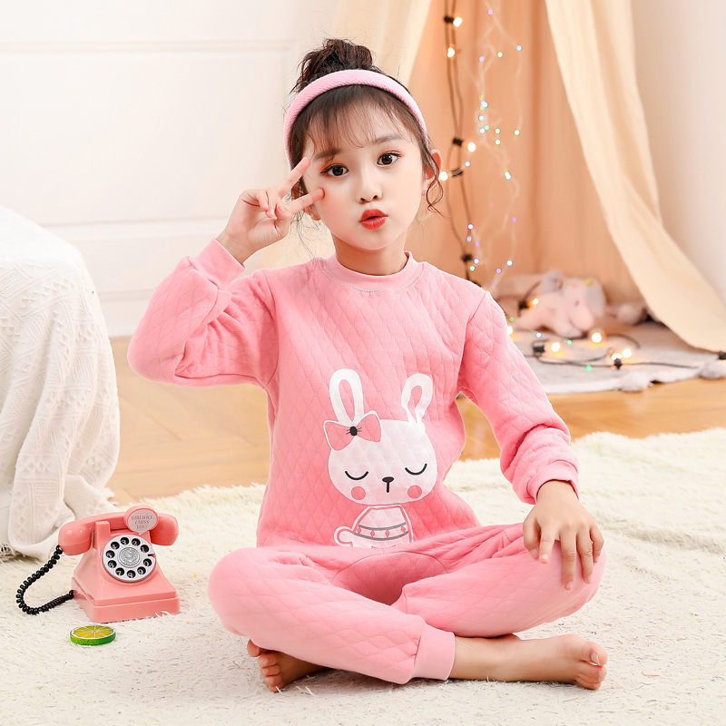 Picture of Winter new children's underwear quilted three-layer warm thickened suit half collar children's hollow cotton autumn clothes long pants