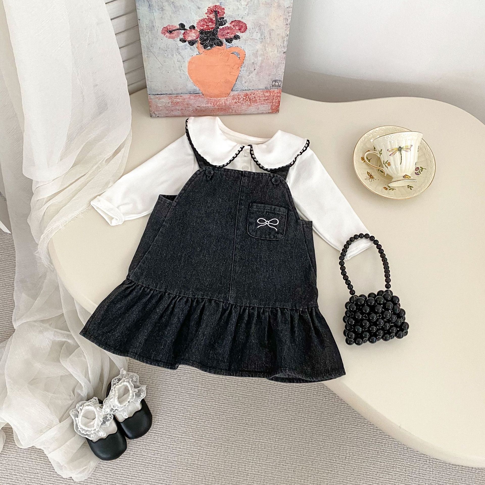 Picture of 2025 Spring Girls Denim dress New All-match Bow Strap Denim Skirt Lapel Base Two-piece Set