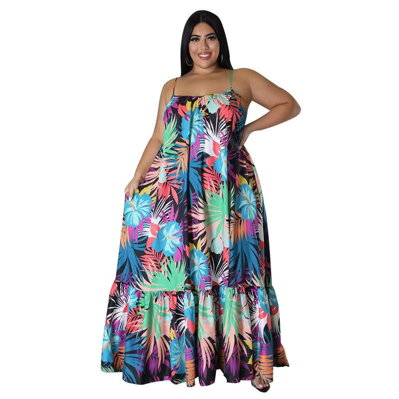 Picture of 211259 New Summer Product European and American Sexy Off-Shoulder Pleated Long Plus Size Women's Fashion Printed Suspender Dress