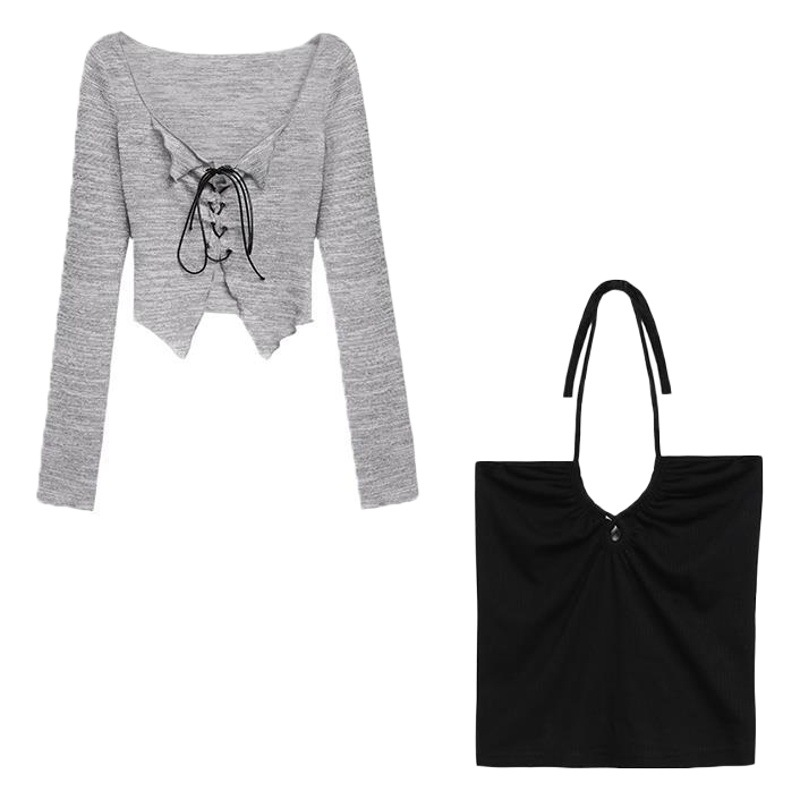 Spring and Autumn Short Style with Careful Suspender Cardigan Women's Thin Sweet and Spicy Design Knitted Sweater Cold Color Clothes