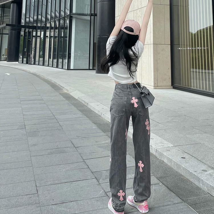 Pure Pink Cross Leather Label Loose Straight Jeans Women's 2024 Autumn New Spice Girl Fried Street Mopping Pants