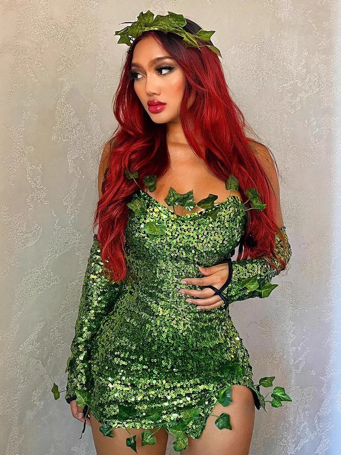 2023 European and American Costume Adult Leaf Sequins Halloween Playing Costume Sexy Dance Dress Costume dress