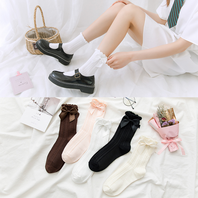 Socks Women Japanese Style Bubble Mouth Lace Bow Lady Cotton Socks Soft Girl Lolita Sweet JK Socks Fairy lo Socks