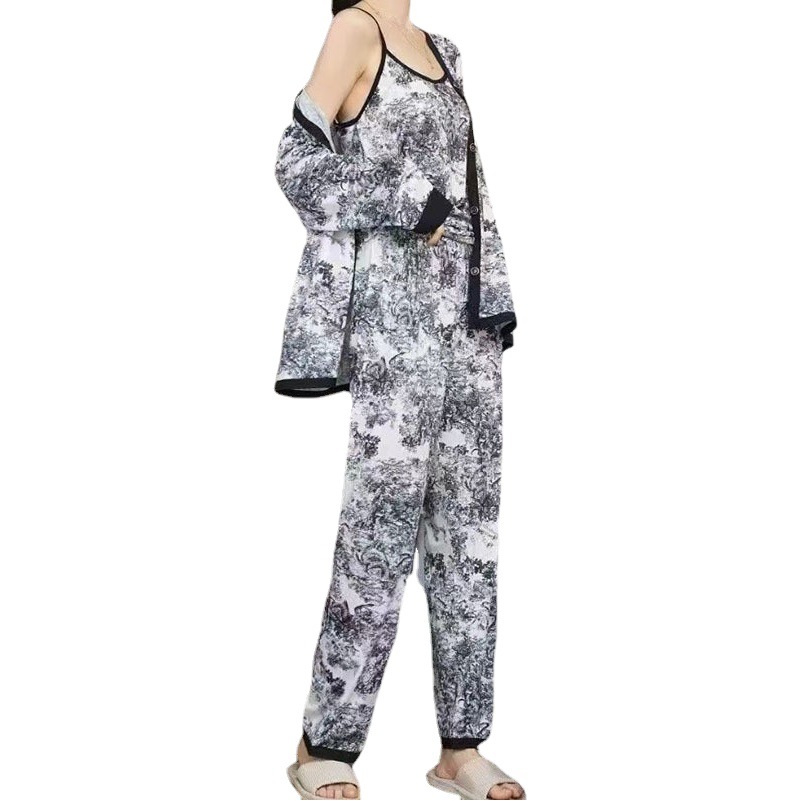 Chinese Style Ink Painting Four-Piece Pajama Set for Women Wholesale Summer Loose Comfortable Printed Women's Loungewear Breathable
