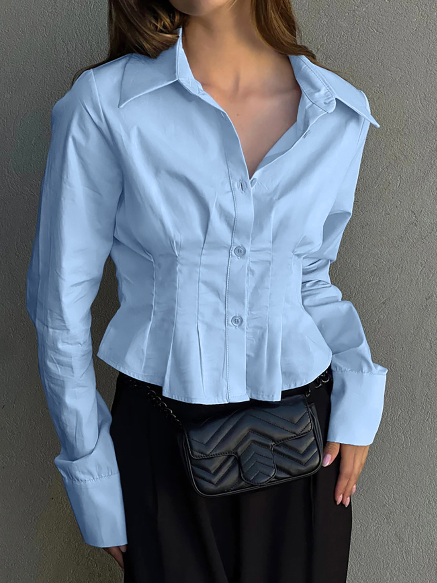 Cross-border European and American Pleated Waist Top 2025 Spring Commuting Cotton Women's Shirt with Lapel Elegant Women's Clothing