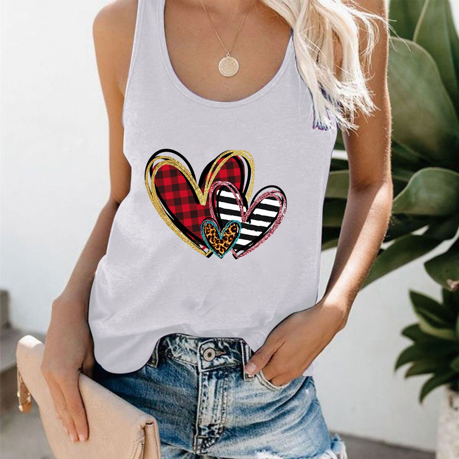 2021 AliExpress Valentine's Day New Harajuku Plaid Love Printed Vest Women's Summer Loose Vest