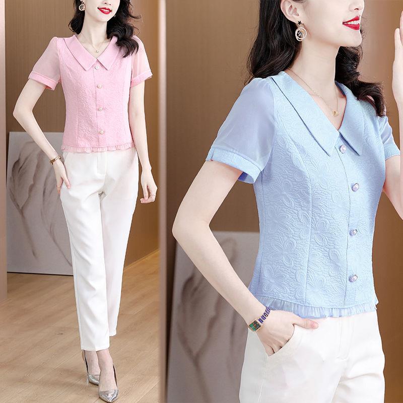2023 Summer Doll Collar Short-sleeved Top Jacquard Small Shirt Slim-fit Slimming Women's Clothing Beautiful Fashion All-match Short