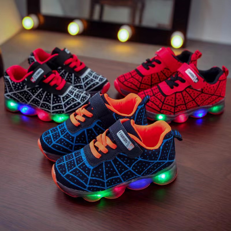 Lighted Middle and Small Children's Shoes Boys' Spider Web Light Sneakers, Elementary and Middle School Children's Casual LED Light Shoes Cartoon Sneakers