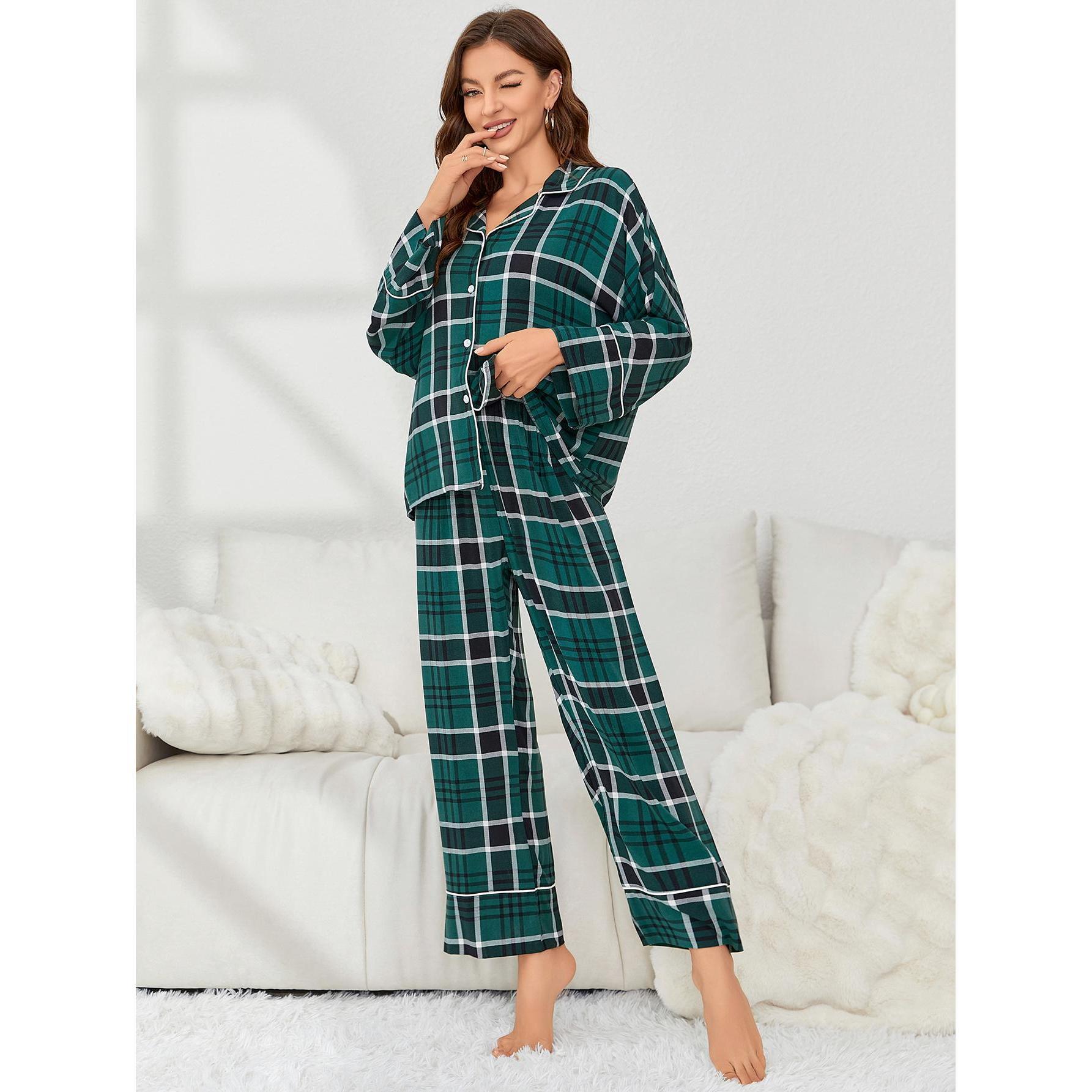 Cross-border new European and American pajamas women's autumn and winter long-sleeved cardigan women's home wear suit foreign trade independent station ebay