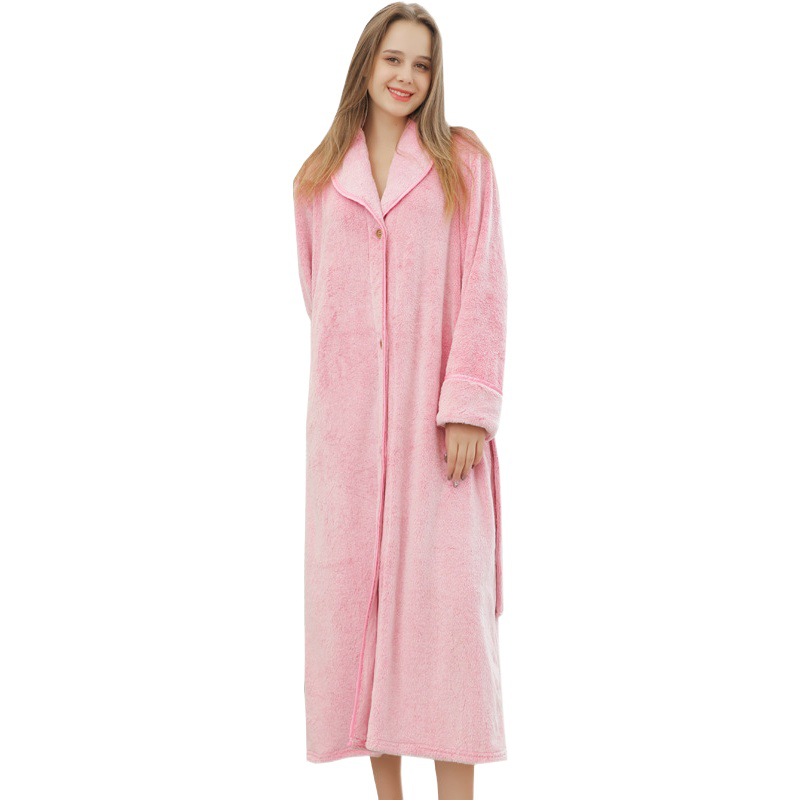 Flannel Pajamas Women's Winter Thickened Lengthy Couple's Button Belt Nightgown Loose Large Size Nightgown Men's Bathrobe Spring and Autumn