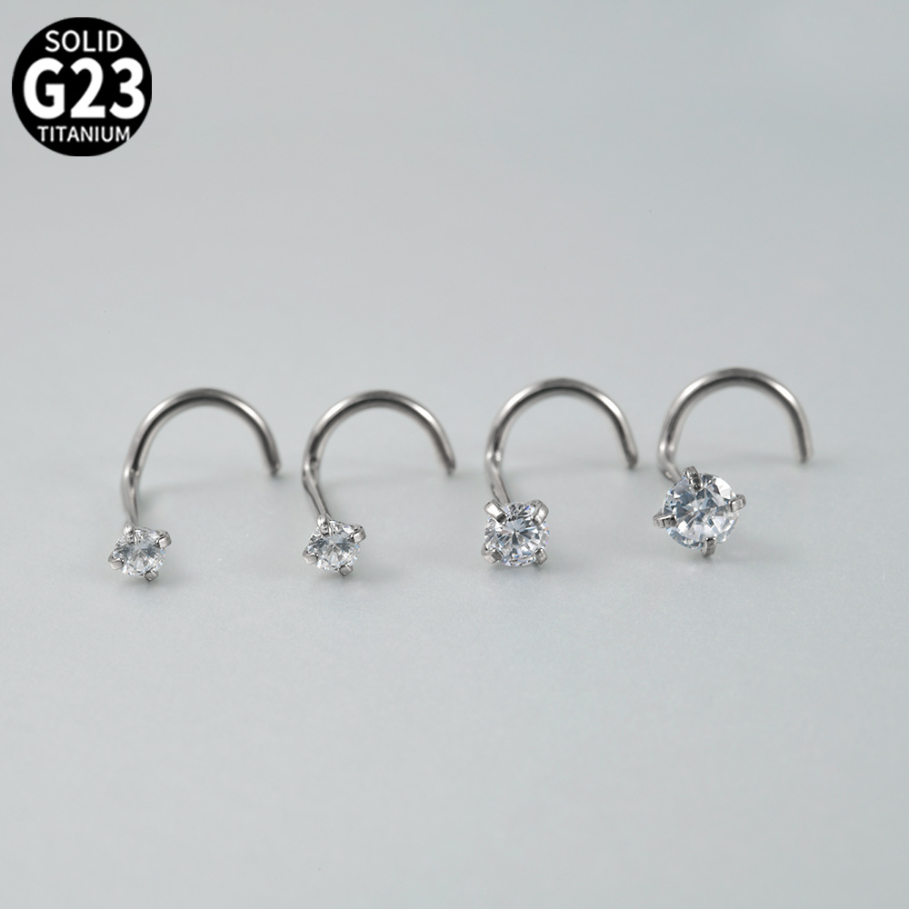 F136 Titanium Alloy S-Rod Bend Mini Four-Claw Zircon Nose Nail Nose Ring Earring Nail Ear Bone Nail 0.8 Thick Nose Decoration