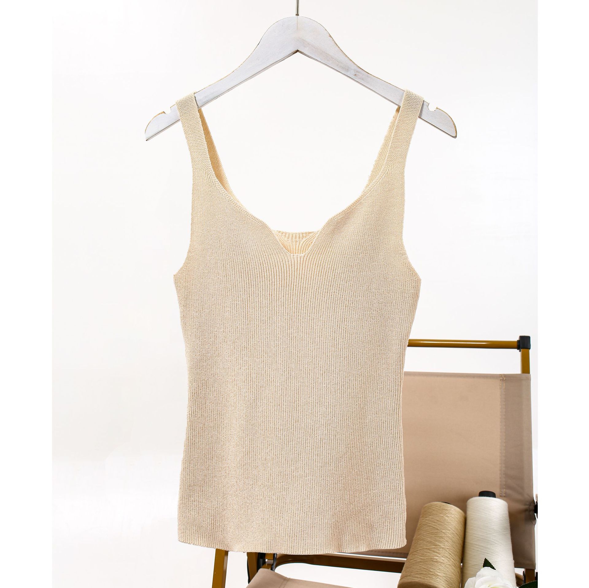 Women's Summer Pullover Vest, Simple Style, Threaded Knitted Suspender Outer Wear, Seagull Collar, Slim Fit, Sleeveless Inner Top
