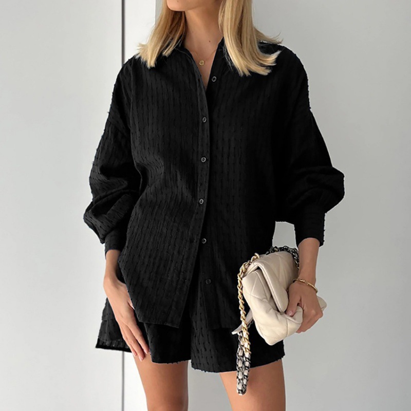 Picture of 2025 Amazon European and American Shirt Jacquard Bubble Sleeve Temperament Top Shorts Commuter Design Leisure suit