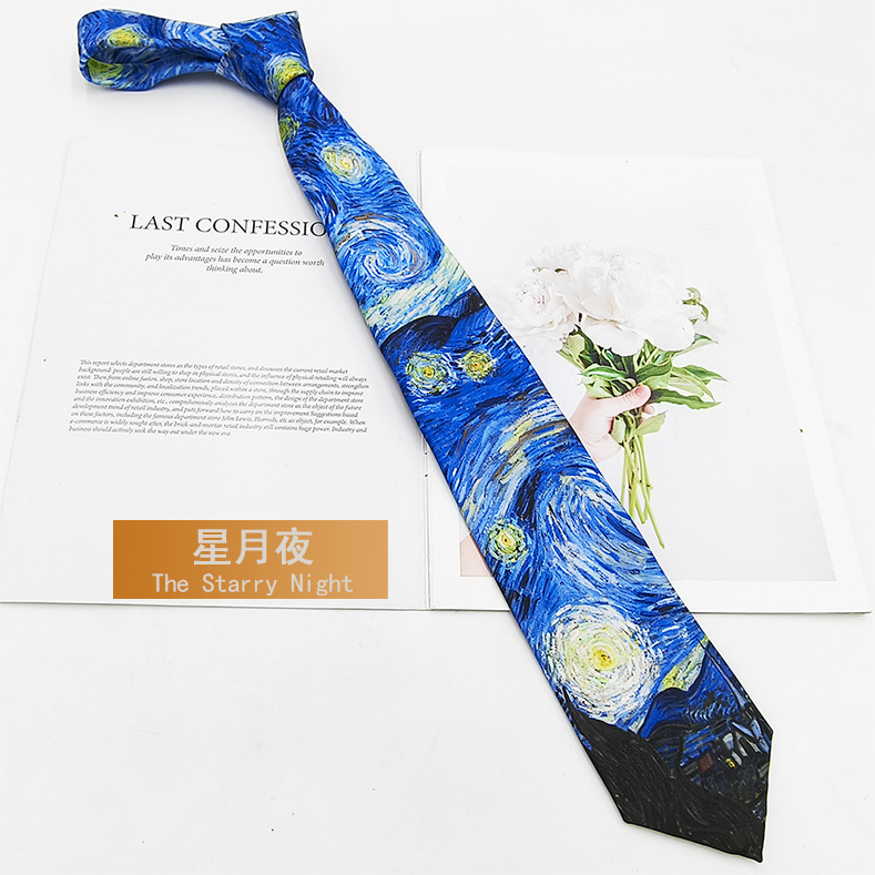 Picture of Van Gogh Oil Painting Men's Polyester Printed Vintage Tie Factory in stock Fashion Casual Tie Hand Tie 8cm