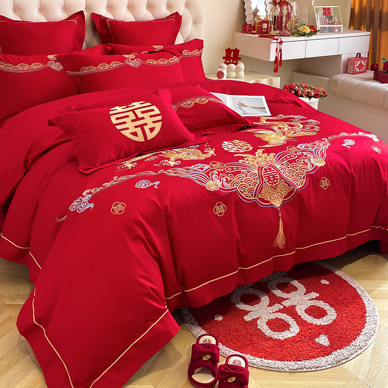 Picture of Y * J Chinese Dragon and Phoenix Embroidery Big Red Wedding Four-Piece Set Wedding Accompanying Cotton Six-Piece Bed Sheet Quilt Cover Bed