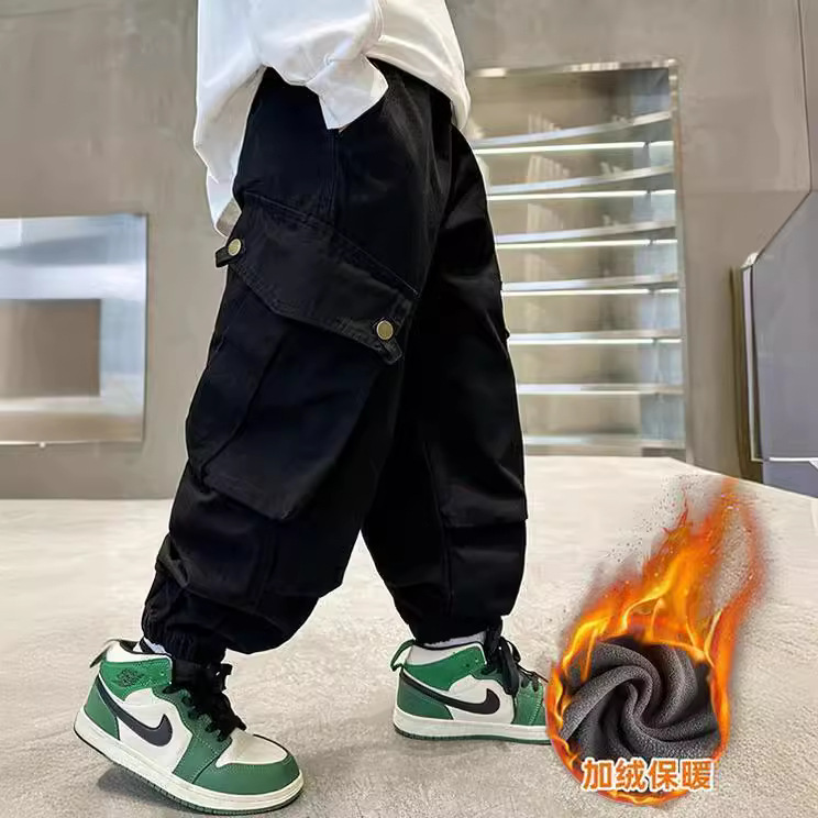 Picture of Boys' fleece-lined thickened pants winter 2024 new children's winter overalls boys' casual pants fashionable trousers