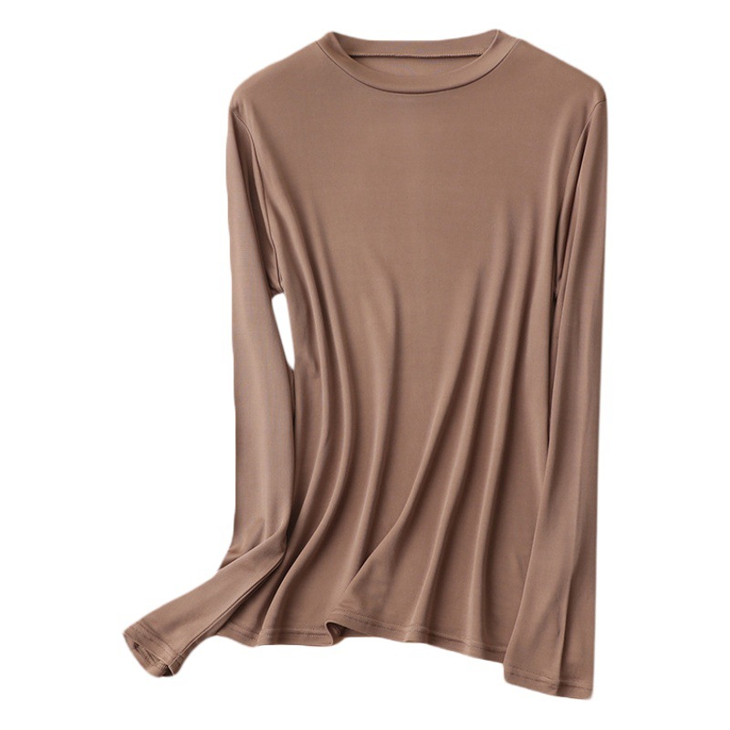 Autumn and Winter Silk Round Neck Long Sleeve Mulberry Silk Base Shirt Warm Women's Clothing Simple Inner Lined Top