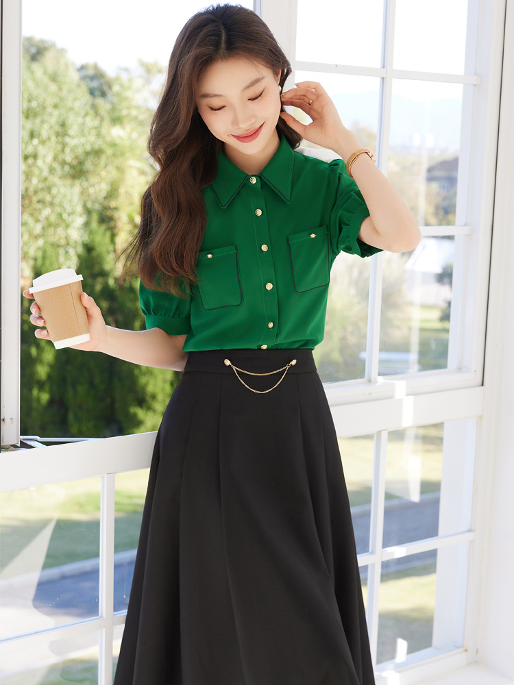 Summer mid-sleeve chiffon shirt ladies 2024 new high-end temperament explosion top short sleeve western style shirt