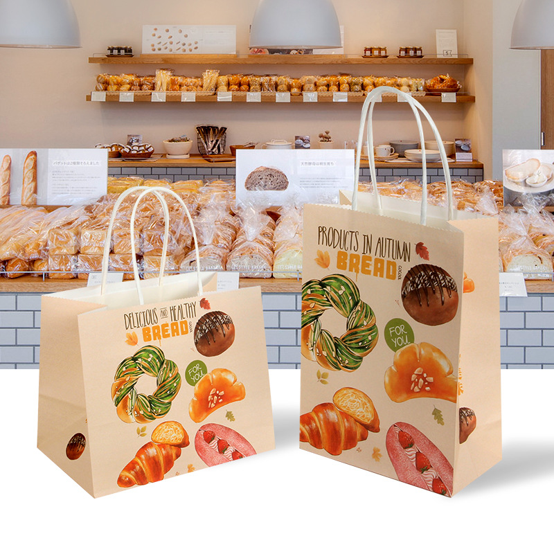 Kraft Paper Bag Cake Shop Baking Hand-Carry Fruit Salad Takeaway Packaging Bread Tote Bag Custom Dessert
