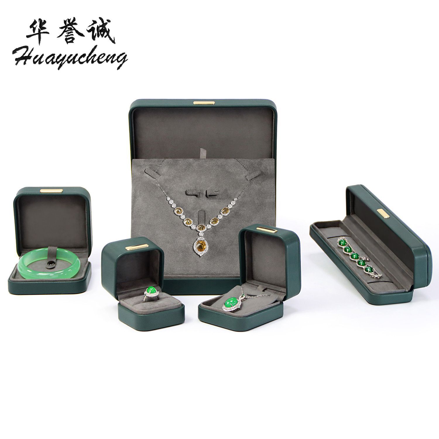 Dark green PU rounded vault necklace set box sheepskin texture ring pendant bracelet jewelry packaging box