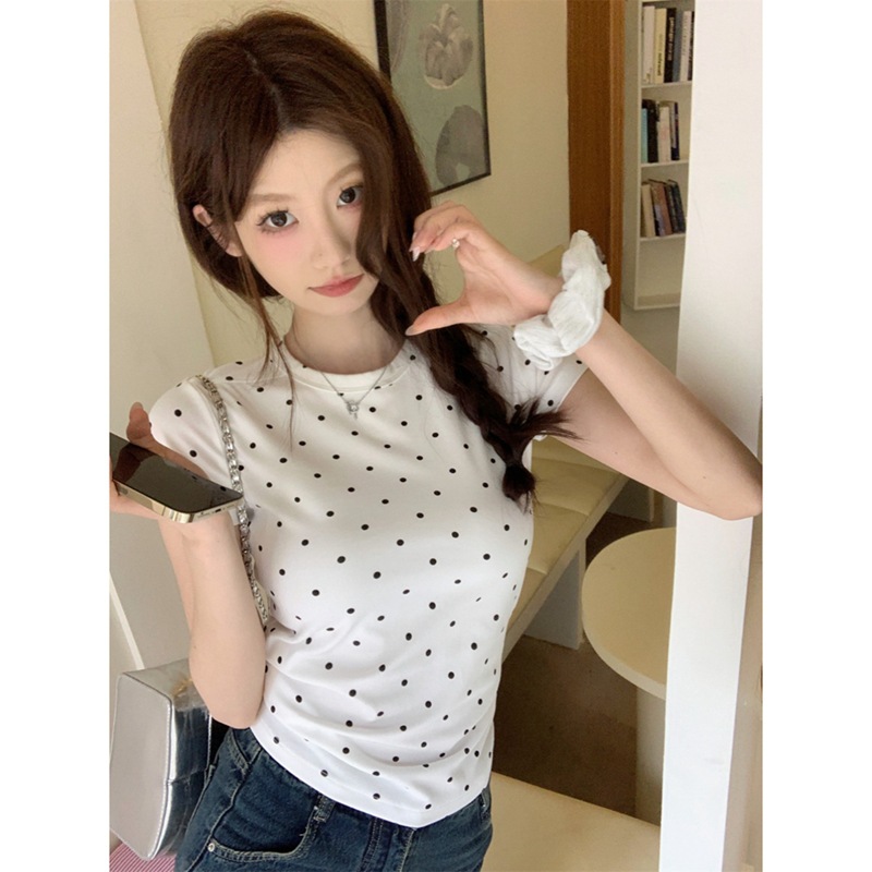 Pure Desire ReTro SweeT HoT Girl Polka DoT ConTrasT Color ShorT Sleeve RighT Shoulder T-shirT Women's Summer New Slim FiT EasiesT for MaTch Top