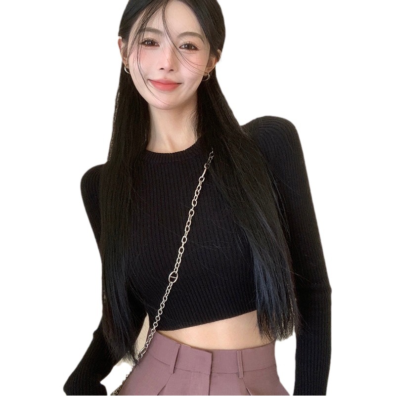 Black Long-Sleeved Short Sweater Knitwear for Women 2025 Autumn and Winter New Slim-Fitting Base Layer Inner Wear Sexy Student Top
