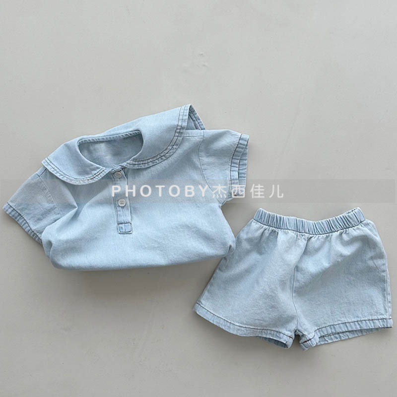 Picture of Korean Style Ins Boys and Girls Summer New Two-Piece Children's Western Style College Lar Loose Casual Denim suit