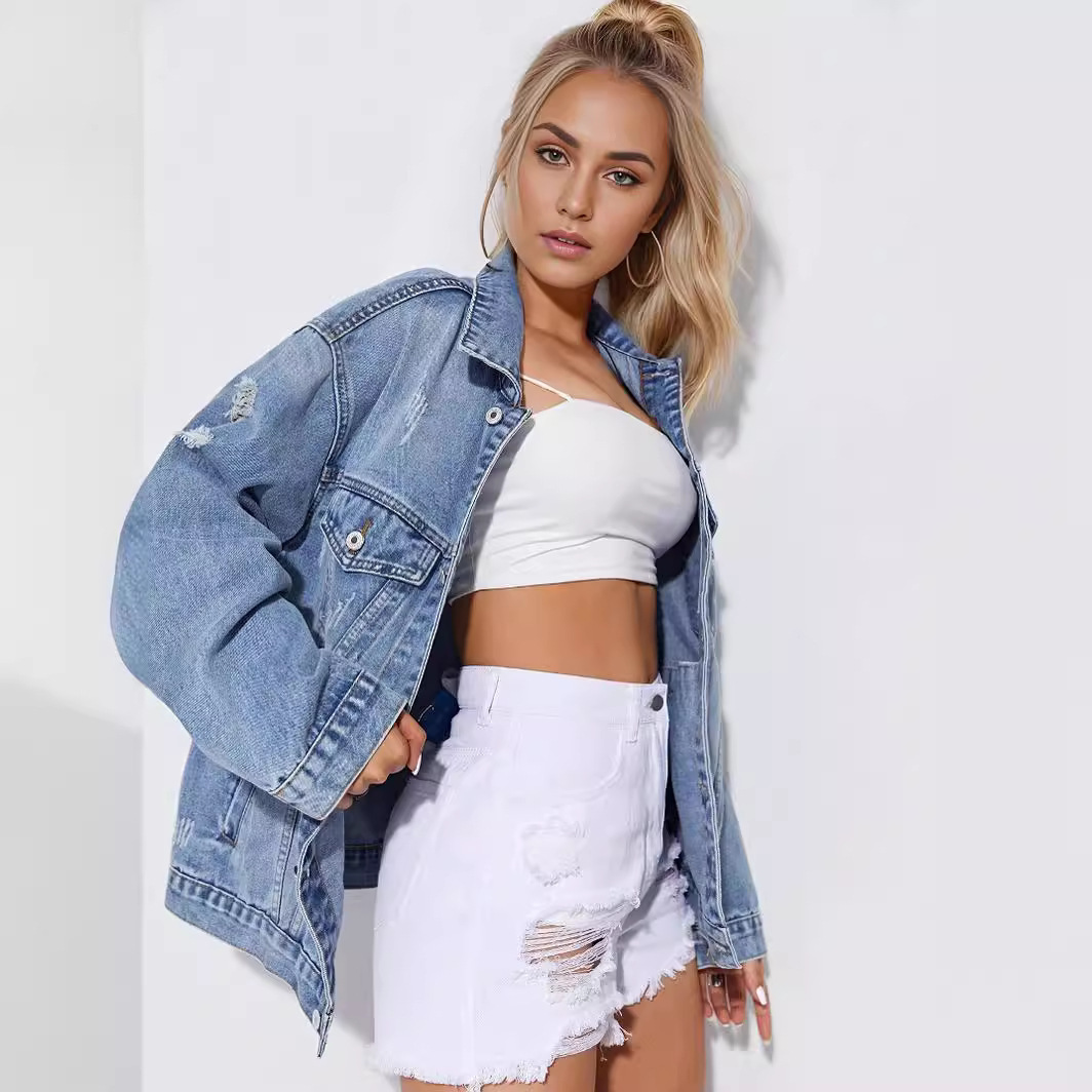 High-end women's Coat jeans street fashion old hole Joker long coat women
