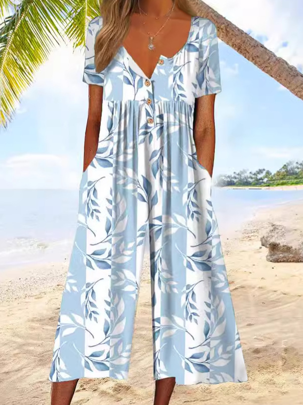 2025 New Independent Station Foreign Trade Cross-border Women's Amazon Printed Retro Button Polo Collar Pants