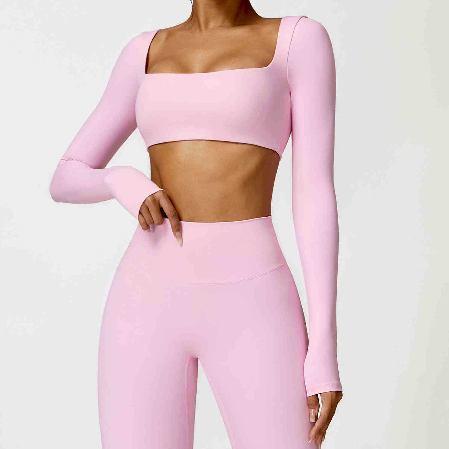 Picture of Autumn and Winter Tight Long-sleeved Yoga Suit Women's Outdoor Running Fitness Suit Scrub Naked Short Sports Top with Chest Pad