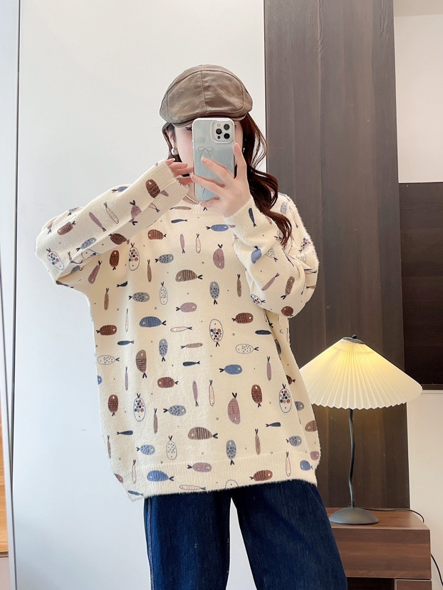 Autumn 2024 New Style Printing and Dyeing Casual Fashion Mink Velvet Knitted Sweater Loose Crewneck Inner Sweater for Women