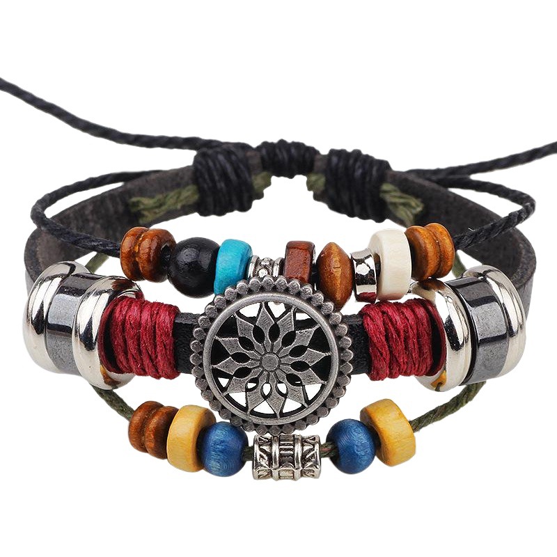 Amazon vintage cowhide bracelet personality Joker beaded rich flower leather bracelet fashion jewelry manufacturers wholesale