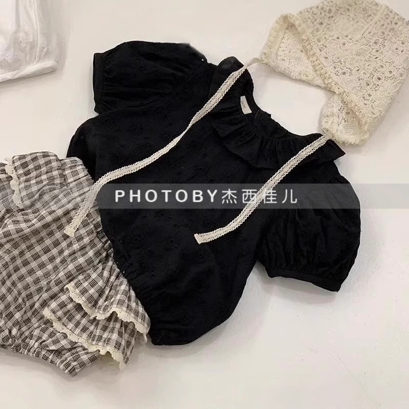 Picture of South Korea New Children's Wear Girls 2025 Summer Lace Hollow Flower Stylish Cute Fashionable Doll Short Sleeve Shirt
