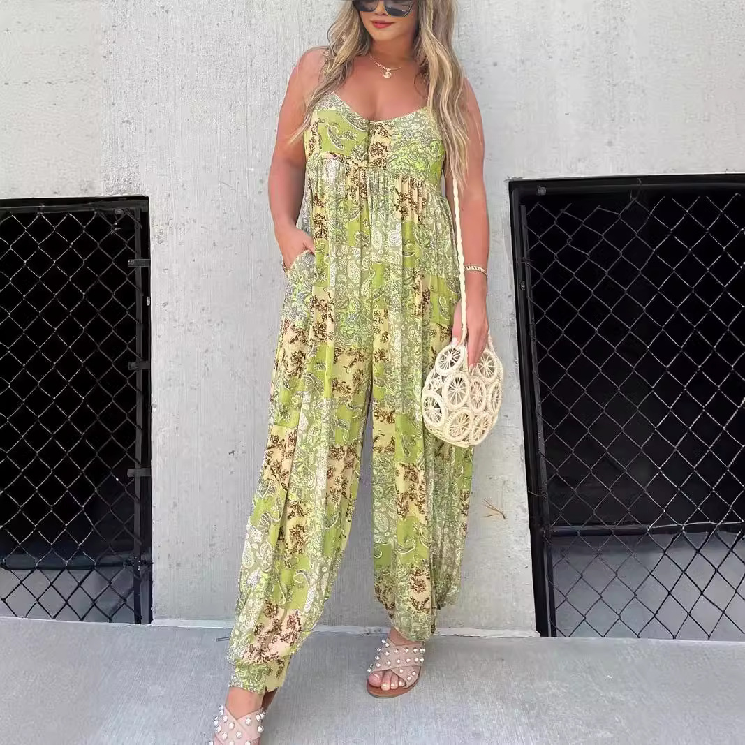 Picture of 25 Amazon Wish Unique Cross-Border Hot Product Ebay Women's High Waist Trendyy Loose Printed Shoulder Strap Jumpsuit